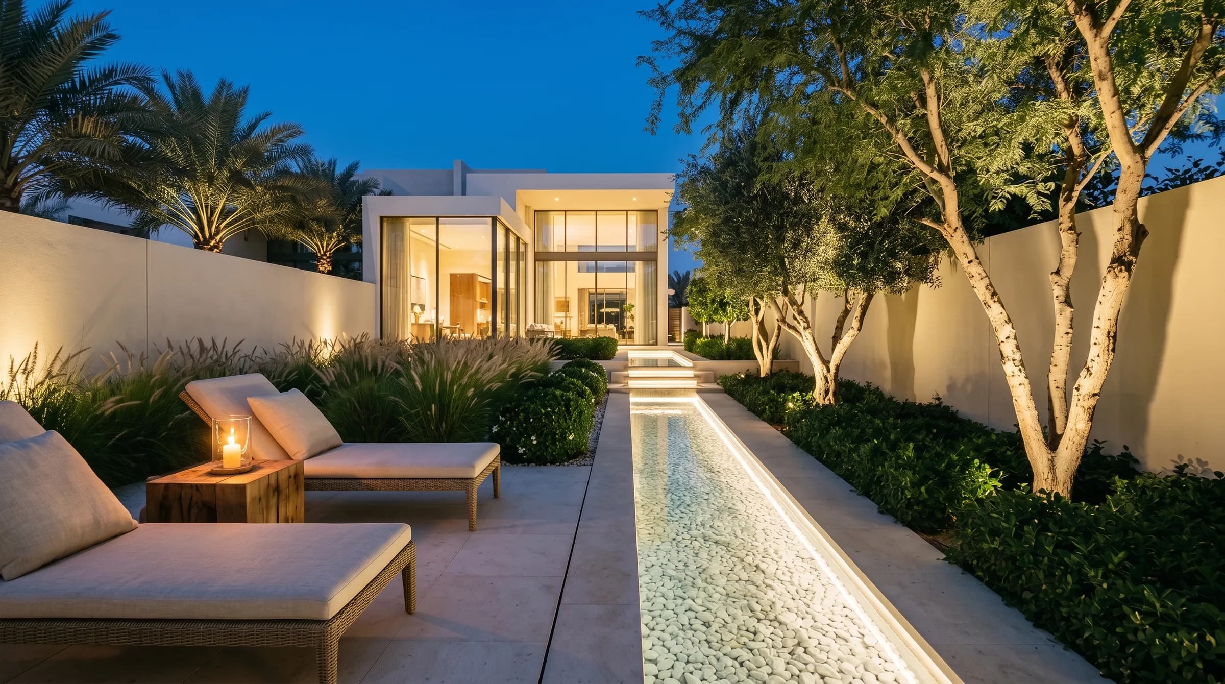 Blue-hour Dubai villa garden hero: a lit pebble rill runs past woven lounge chairs and a glowing lantern toward a lit stone cascade, flanked by uplit Ghaf and olive trees