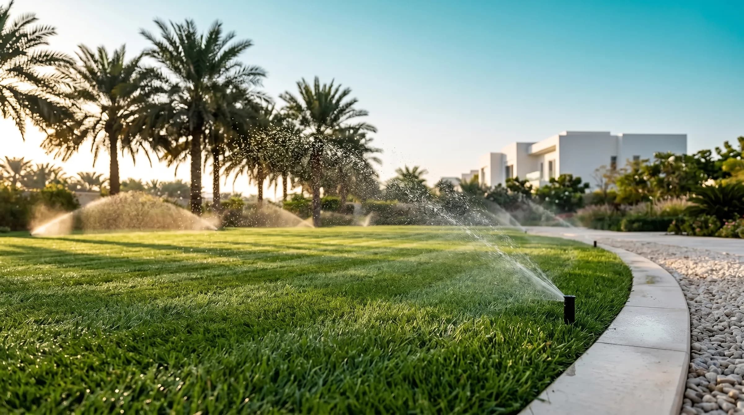 Backlit pop-up sprinklers misting a striped paspalum lawn at sunrise, edged in pale stone with date palms and a white villa softly behind