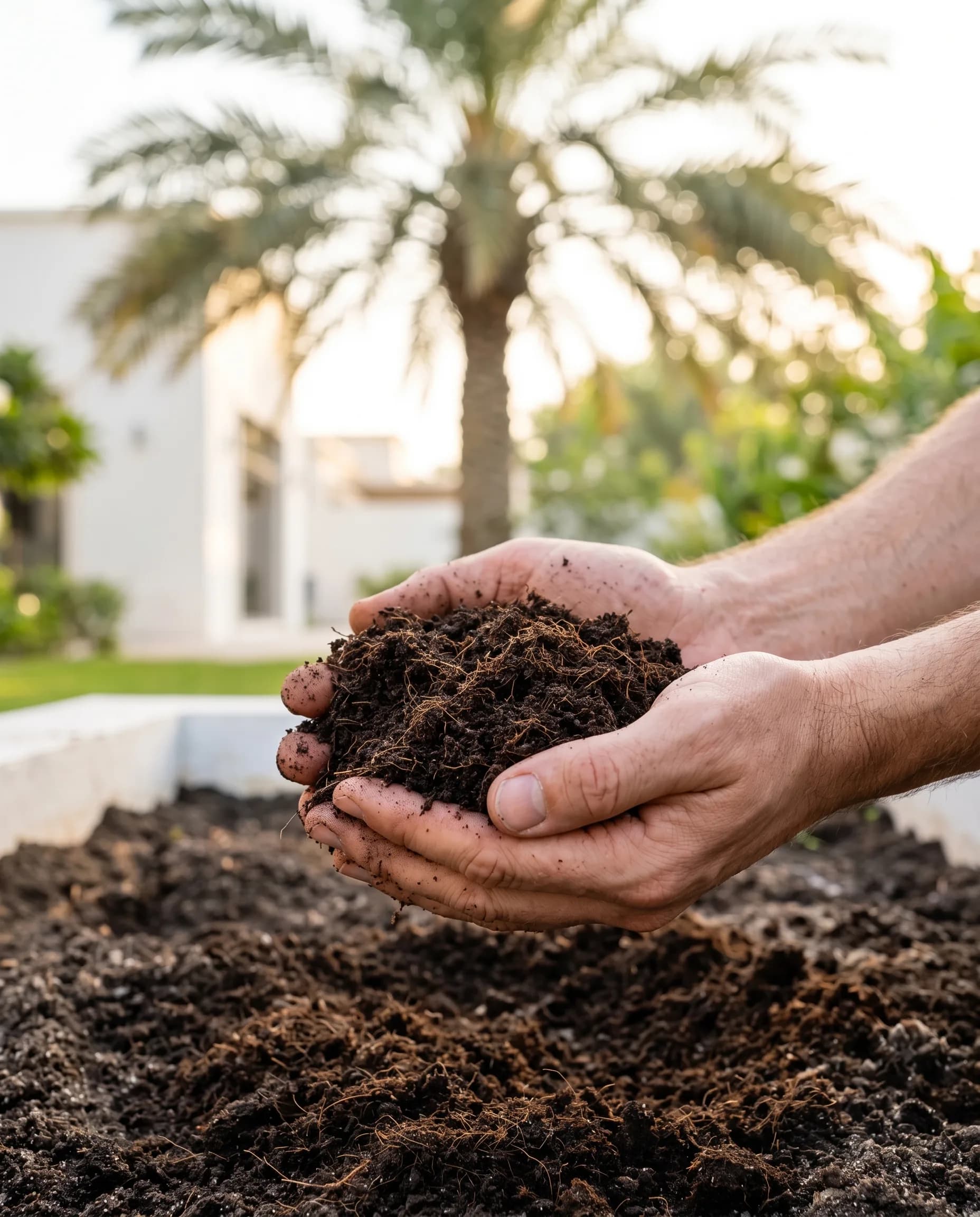 Cupped hands holding rich dark compost above a freshly prepared bed in a Dubai villa garden